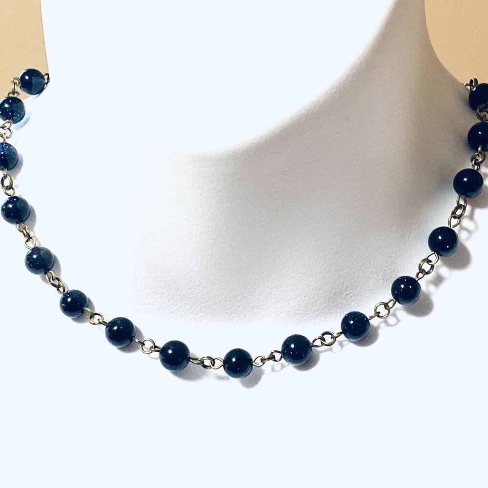 Dark Blue Goldstone Bronze Link Adjustable Short Necklace